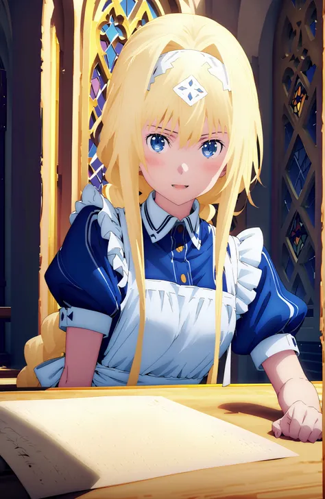 Alicesburg, Alice Zuburg, bungs,  Gold, hair between eyes, Very braided, headband, white headband,smile,blush,open your mouth,
break dress, bow, ribbon, Short sleeve, frills, apron, puffy Short sleeve, Blue clothes, white bow, white apron, frilled apron,Ho...