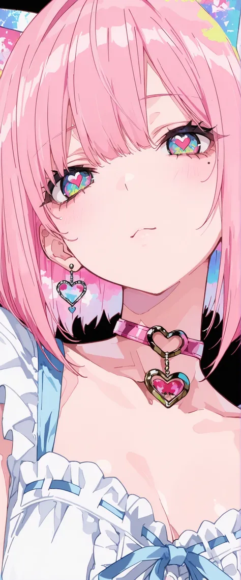 ,beautiful flower々),mole under eye, heart shaped choker, (masterpiece, highest quality), official art, beautiful and aesthetic: 1.2), (1 girl), very detailed, (geometry art: 1.3), colorful、pink bob hair、Cat ear、 whole body