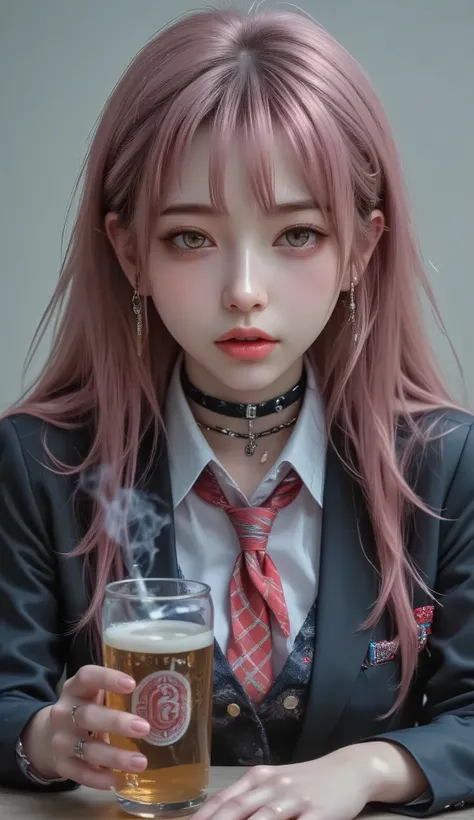 ((real mix、 ultra high definition image 、Top Quality、masterpiece))、((Wear a Japanese girls' high school、white thin fabric short sleeve blouse、red ribbon tie、check mini skirt))、((Beautiful Japanese girl、long hair dyed pink、pretty face、二重eyelidの大きな目、アヒルのlip...