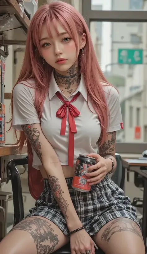 ((real mix、 ultra high definition image 、Top Quality、masterpiece))、((Wear a Japanese girls' high school、white thin fabric short sleeve blouse、red ribbon tie、check mini skirt))、((Beautiful Japanese girl、long hair dyed pink、pretty face、二重eyelidの大きな目、アヒルのlip...