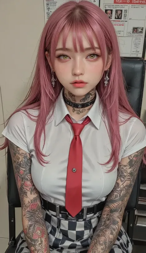((real mix、 ultra high definition image 、Top Quality、masterpiece))、((Wear a Japanese girls' high school、white thin fabric short sleeve blouse、red ribbon tie、check mini skirt))、((Beautiful Japanese girl、long hair dyed pink、pretty face、二重eyelidの大きな目、アヒルのlip...