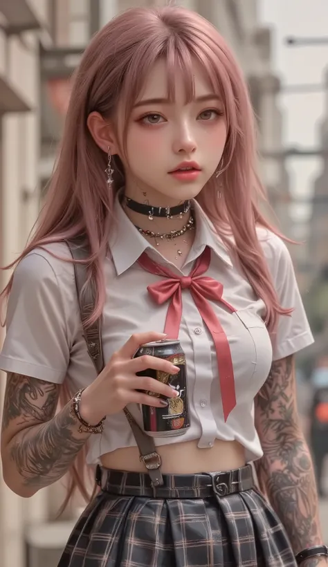 ((real mix、 ultra high definition image 、Top Quality、masterpiece))、((Wear a Japanese girls' high school、white thin fabric short sleeve blouse、red ribbon tie、check mini skirt))、((Beautiful Japanese girl、long hair dyed pink、pretty face、二重eyelidの大きな目、アヒルのlip...