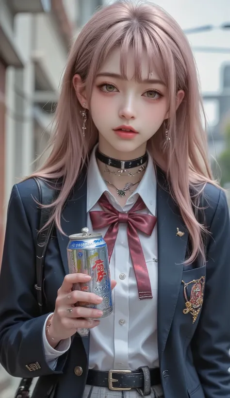 ((real mix、 ultra high definition image 、Top Quality、masterpiece))、((Wear a Japanese girls' high school、dark blue blazer、emblem、white thin fabric blouse、red ribbon tie、check mini skirt))、((Beautiful Japanese girl、long hair dyed pink、pretty face、二重eyelidの大...