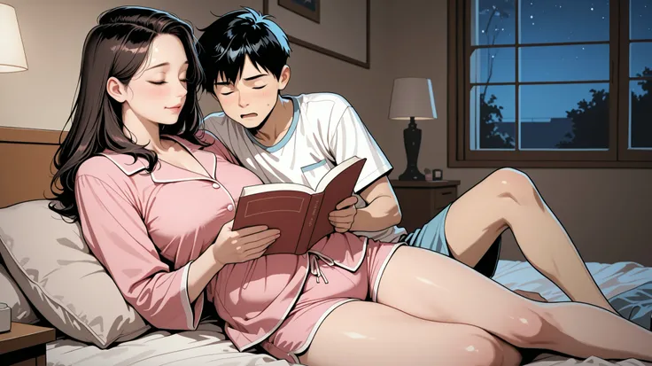 high quality, Perfect Dynamic Figures, ((loose hair)), late at night, Closed eyes, A mature Korean woman with a plump face is reading a book to a dark-haired Korean elementary school boy in the 's room, pink pajamas, pink shorts