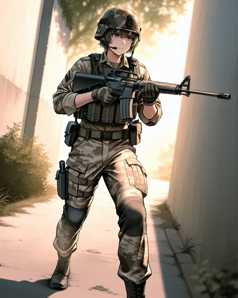 The image depicts a soldier in military gear aiming a c-m16 rifle in a focused manner. The soldier is wearing a tactical helmet and a desert camouflage uniform, including gloves and a tactical vest holding various equipment and gear. The soldier is positio...