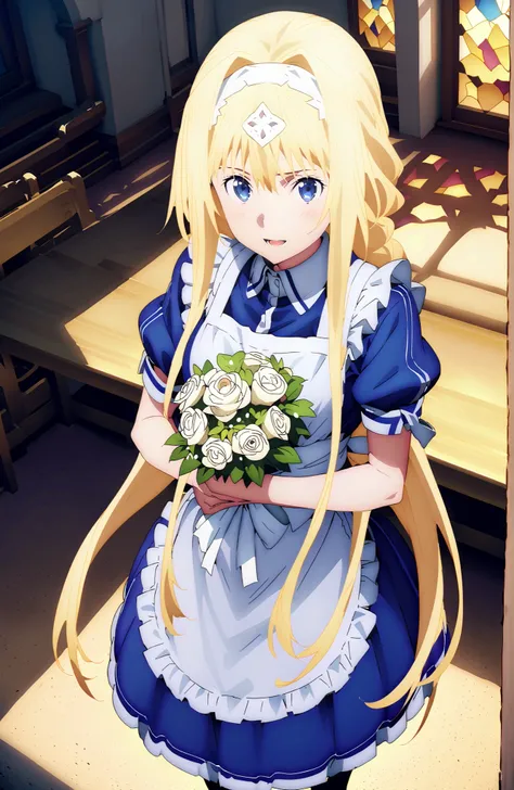 Alicesburg, Alice Zuburg, bungs,  Gold, hair between eyes, Very braided, headband, white headband,smile,blush,open your mouth,
break dress, bow, ribbon, Short sleeve, frills, apron, puffy Short sleeve, Blue clothes, white bow, white apron, frilled apron,Ho...