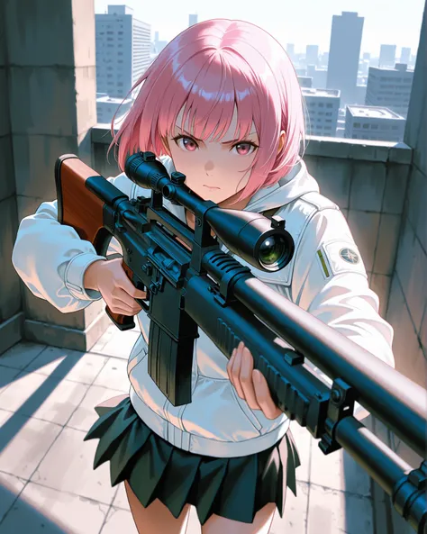 serious expression, short pink bob hair, light jacket over dark top, skirt, minimal accessories, standing pose, aiming a scoped sniper rifle, focused gaze, smooth skin, urban rooftop background with buildings, daytime lighting, shadows cast to her left, te...