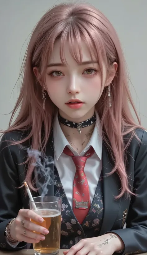 ((real mix、 ultra high definition image 、Top Quality、masterpiece))、((Wear a Japanese girls' high school、white thin fabric short sleeve blouse、red ribbon tie、check mini skirt))、((Beautiful Japanese girl、long hair dyed pink、pretty face、二重eyelidの大きな目、アヒルのlip...