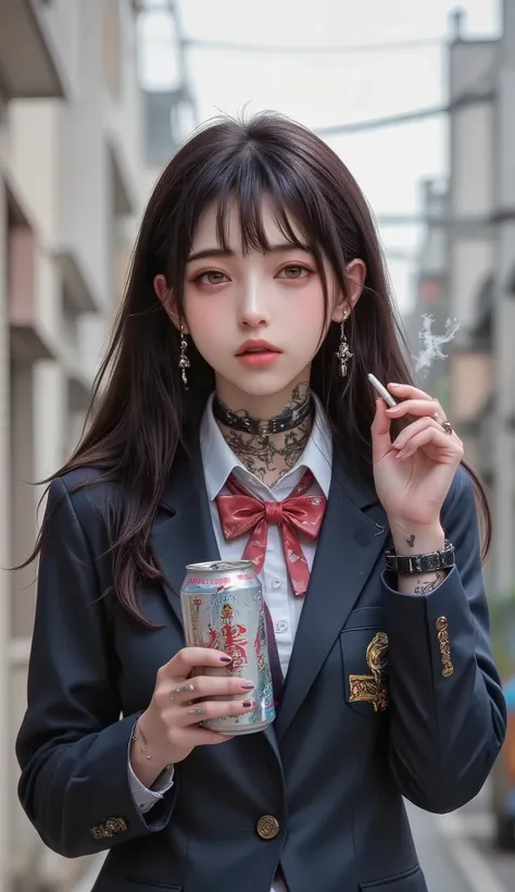 ((real mix、 ultra high definition image 、Top Quality、masterpiece))、((Wear a Japanese girls' high school、navy blue blazer、emblem、white thin fabric blouse、red ribbon tie、check mini skirt))、((Beautiful Japanese girl、long hair dyed pink、pretty face、二重eyelidの大...