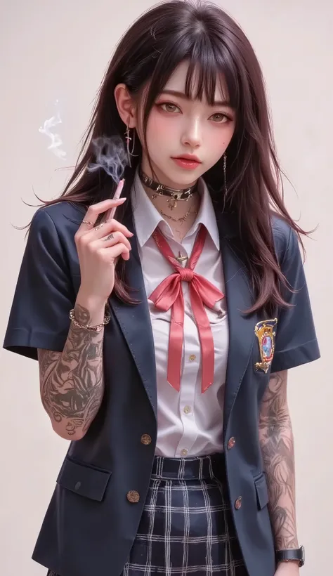 ((real mix、 ultra high definition image 、Top Quality、masterpiece))、((Wear a Japanese girls' high school、navy blue blazer、emblem、white thin fabric blouse、red ribbon tie、check mini skirt))、((Beautiful Japanese girl、long hair dyed pink、pretty face、二重eyelidの大...