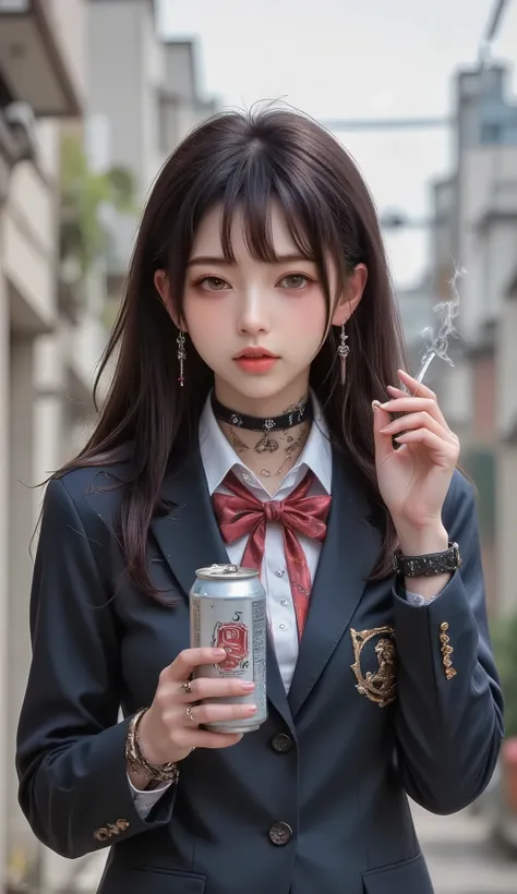 ((real mix、 ultra high definition image 、Top Quality、masterpiece))、((Wear a Japanese girls' high school、navy blue blazer、emblem、white thin fabric blouse、red ribbon tie、check mini skirt))、((Beautiful Japanese girl、long hair dyed pink、pretty face、二重eyelidの大...