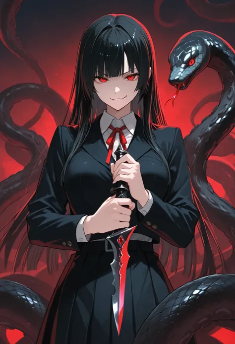 Scylla Girl. Black hair. Straight hair. Straight bangs. Red eyes. Smirk. Japanese high school uniform. Black costume. Dagger knife. Knife in hand. Snake-like tentacles. Multiple snakes. Black snakes.