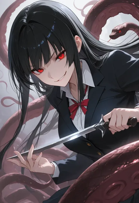 Scylla Girl. Black hair. Straight hair. Straight bangs. Red eyes. Smirk. Japanese high school uniform. Black costume. Dagger knife. Knife in hand. Snake-like tentacles. Multiple snakes. Black snakes.