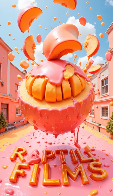 A floating orb made of sliced peaches shatters midair. Nectarous, glowing orange-pink fluid gushes downward over pastel rooftops, flooding the metallic “RAPTILE FILMS” in sticky, iridescent waves, highly saturated, distorted through a fish-eye lens. Liquid...