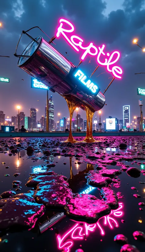 A chrome oil tanker floating midair tips over. Iridescent black-gold oil drips slowly down onto “RAPTILE FILMS”, which pulses in white neon. The city below distorts in oil slick reflections, bending reality. highly saturated, distorted through a fish-eye l...