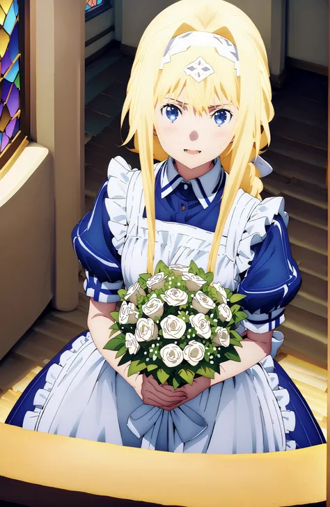 Alicesburg, Alice Zuburg, bungs,  Gold, hair between eyes, Very braided, headband, white headband,smile,blush,open your mouth,
break dress, bow, ribbon, Short sleeve, frills, apron, puffy Short sleeve, Blue clothes, white bow, white apron, frilled apron,Ho...