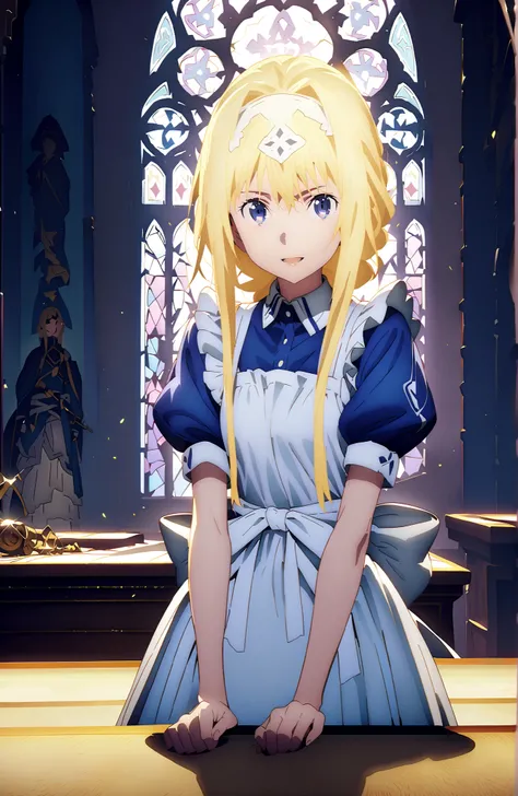 Alicesburg, Alice Zuburg, bungs,  Gold, hair between eyes, Very braided, headband, white headband,smile,blush,open your mouth,
break dress, bow, ribbon, Short sleeve, frills, apron, puffy Short sleeve, Blue clothes, white bow, white apron, frilled apron,Ho...