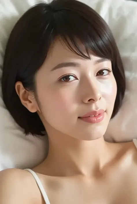 (( Top Quality )), ((masterpiece)), ( details), Japanese woman, first person view , the girl was sleeping on her back , sexy,( in the bedroom),((( abnormally large breasts , completely naked, short bob hair))), black hair , (( ...