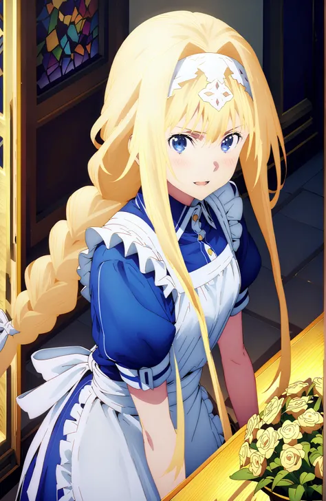 Alicesburg, Alice Zuburg, bungs,  Gold, hair between eyes, Very braided, headband, white headband,smile,blush,open your mouth,
break dress, bow, ribbon, Short sleeve, frills, apron, puffy Short sleeve, Blue clothes, white bow, white apron, frilled apron,Ho...
