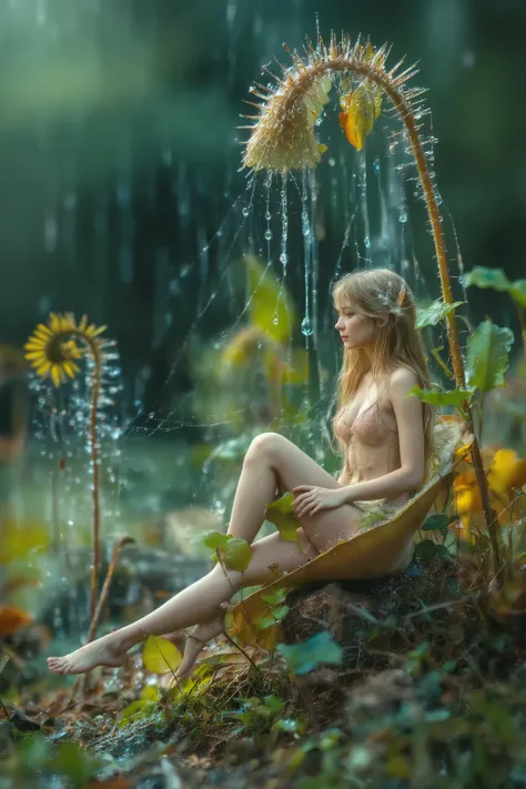 beautiful fairy,fairy sitting venus trap,Take shelter from the rain,rain in dark deep forest,realistic photograph,a macro photograph,(ultra-realistic,as realistic as possible,cinematic quality,top quality,masterpiece,High sensitivity,High Resolution,detail...