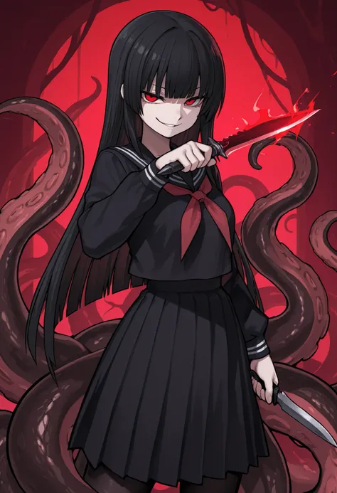Scylla Girl. Black hair. Straight hair. Straight bangs. Red eyes. Smirk. Japanese high school uniform. Black costume. Dagger knife. Knife in hand. Snake-like tentacles. Multiple snakes. Black snakes.