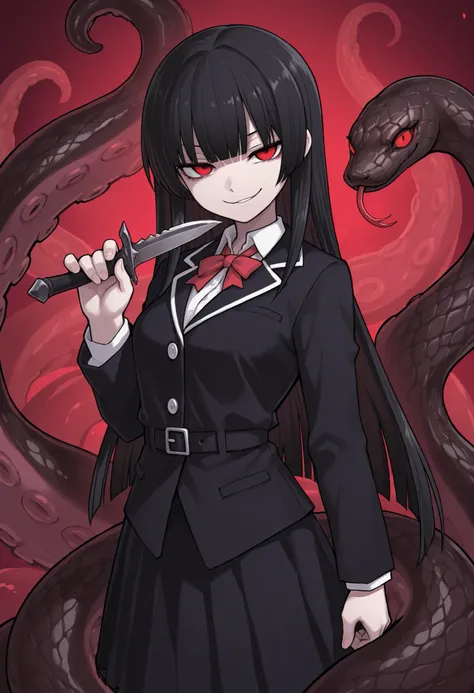Scylla Girl. Black hair. Straight hair. Straight bangs. Red eyes. Smirk. Japanese high school uniform. Black costume. Dagger knife. Knife in hand. Snake-like tentacles. Multiple snakes. Black snakes.