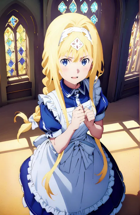 Alicesburg, Alice Zuburg, bungs,  Gold, hair between eyes, Very braided, headband, white headband,smile,blush,open your mouth,
break dress, bow, ribbon, Short sleeve, frills, apron, puffy Short sleeve, Blue clothes, white bow, white apron, frilled apron,Ho...