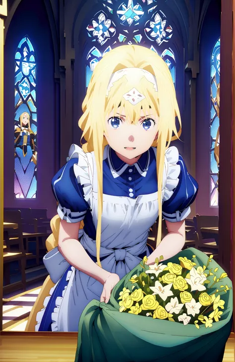 Alicesburg, Alice Zuburg, bungs,  Gold, hair between eyes, Very braided, headband, white headband,smile,blush,open your mouth,
break dress, bow, ribbon, Short sleeve, frills, apron, puffy Short sleeve, Blue clothes, white bow, white apron, frilled apron,Ho...
