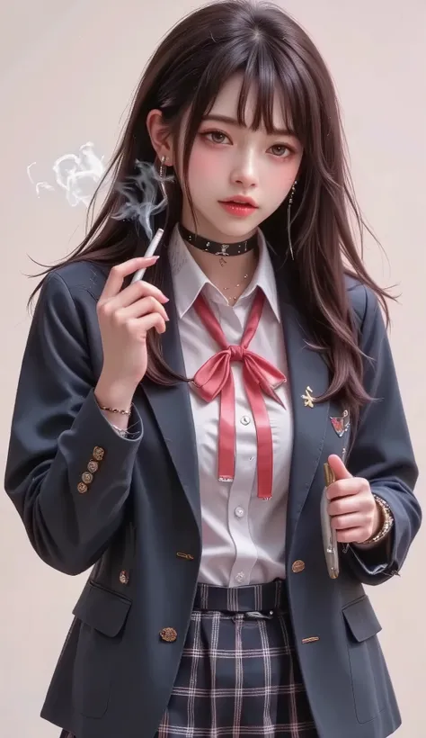 ((real mix、 ultra high definition image 、Top Quality、masterpiece))、((Wear a Japanese girls' high school、navy blue blazer、emblem、white thin fabric blouse、red ribbon tie、check mini skirt))、((Beautiful Japanese girl、long hair dyed pink、pretty face、二重eyelidの大...