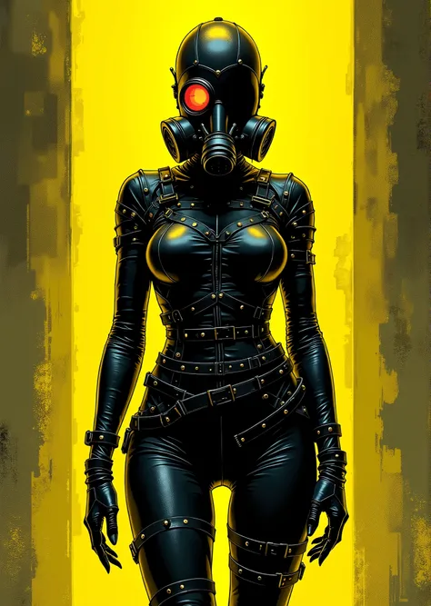 An extremely detailed comic book illustration depicting feminine figure wearing a distinctive gas mask and all-black WWI era military-style clothing wearing an intricately detailed gas mask featuring multiple filter canisters on the sides a single large gl...