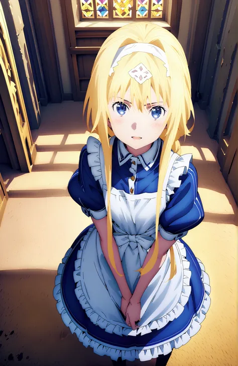 Alicesburg, Alice Zuburg, bungs,  Gold, hair between eyes, Very braided, headband, white headband,smile,blush,open your mouth,
break dress, bow, ribbon, Short sleeve, frills, apron, puffy Short sleeve, Blue clothes, white bow, white apron, frilled apron,Ho...