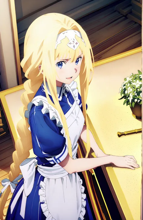 Alicesburg, Alice Zuburg, bungs,  Gold, hair between eyes, Very braided, headband, white headband,smile,blush,open your mouth,
break dress, bow, ribbon, Short sleeve, frills, apron, puffy Short sleeve, Blue clothes, white bow, white apron, frilled apron,Ho...