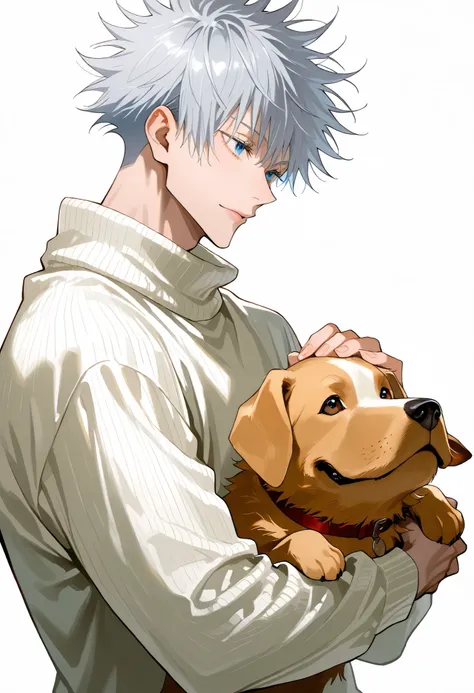 この画像はGojo Satoruをフィーチャーしています , Jujutsu Kaisen's iconic character 、1 male、Gray Hair、blue eyes、 and put on a white sweater、Top Quality、Ultra-high definition anime illustrations、8K、Gojo Satoru、Holding a dog、dog