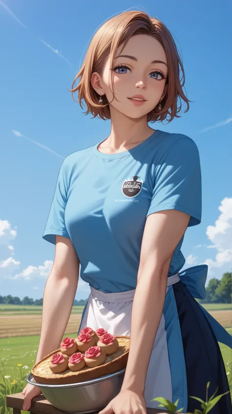 realistic、Top Quality、ultra high definition picture、8K、Nugazaki Wild Rose、t-shirt、apron、Surrounded by multiple dogs、Outdoors、blue sky、Wide athletic field