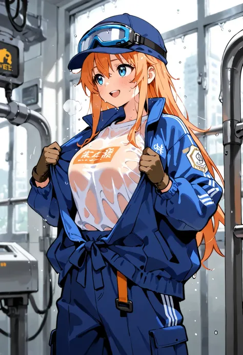 long shot, Looking away, high-detail、inside factory、Female worker、Working in front of the machine、Have a tool、laugh face、Thick work jacket and trousers of any color、He is wearing a navy blue sports cap、gloves、Protective Goggles are hanging on their eyes、Sw...