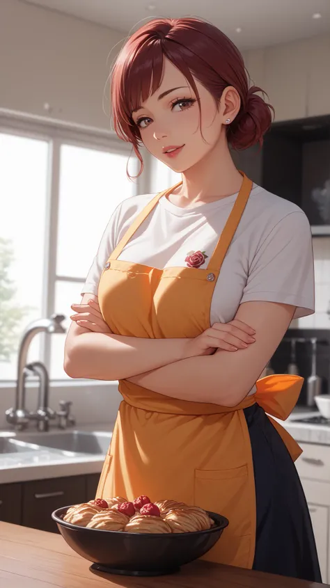realistic、Top Quality、ultra high definition picture、8K、Nugazaki Wild Rose、t-shirt、apron、Putting up a dog