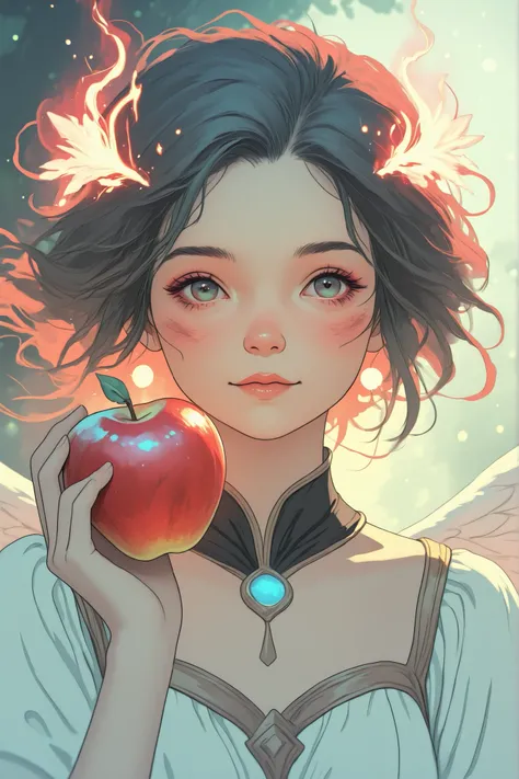 A girl dressed similar to Angel Core,delicate expression,graceful posture,gives off an aura,Mysterious Atmosphere, 4K quality ,realistic,precise texture,Picturesque,Bewitching Colors,Detailed,fantasy,portrait,ULTRA PRECISION,professional holding an apple a...