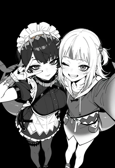 tfaix, monochrome, greyscale, (simple background, black background,:1.2)
dutch angle, (gyaru:1.2),
(ellen joe, gawr gura,:1.1) 2girls, standing, selfie, looking at viewer, foreshortening, leaning forward, smile, grin, sharp teeth, shark tail, v over eye, o...