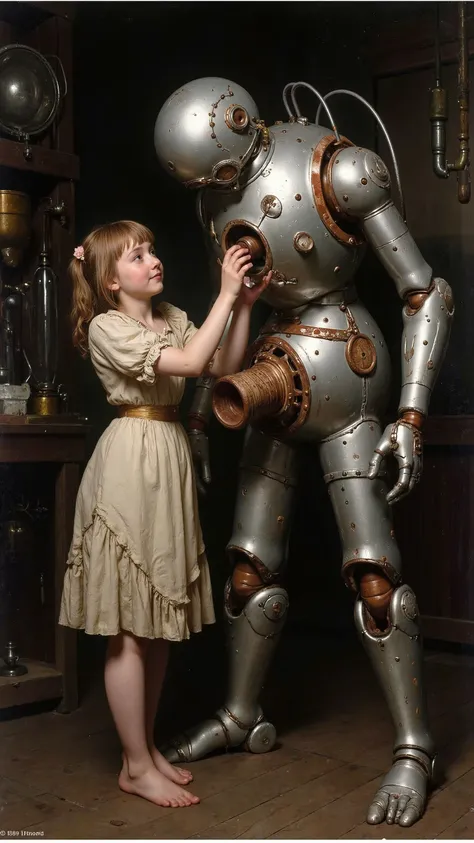 19th century,
Robot and Dr. Young girl,
She is touching the thick cylindrical part protruding from the robot's crotch,