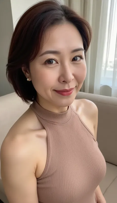 A 48-year-old middle-aged Japanese woman. Wearing a halter-neck knit dress, a classy colored knit dress, a halter-neck knit dress: 1.32. Her voluminous short hair is styled in a chic side part. Her face is gracefully detailed with realistic fine laugh line...