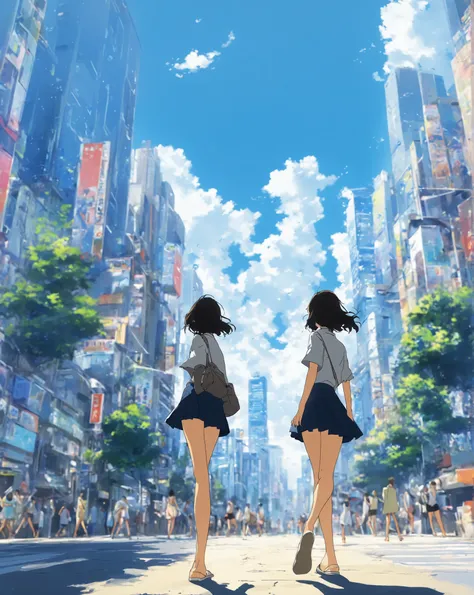 Beautiful city pop anime wallpaper, summer, miniskirt, Barefoot, Seoul City, Gudo front , 1 girl, Walk, masterpiece, 8k