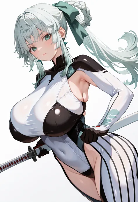 (masterpiece, best quality, perfect hands, perfect fingers), 1girl, solo, yui_shousetsu,
green eyes, white hair, long hair, sidelocks,
earrings, jewelry,
ponytail,
braided hair rings, hair ribbon, green ribbon,
thigh cutout, two-tone bodysuit, white...
