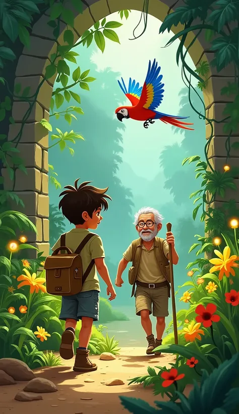 A  Latino boy named Leo Ramirez  has tan skin, tousled dark brown hair, and hazel eyes. He wears a short-sleeved cargo shirt, rugged shorts, hiking boots, and a canvas satchel across his chest. Pico ,a vibrant red, blue, and yellow macaw. A hidden jungle g...