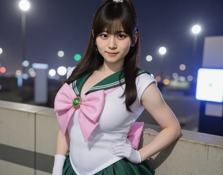 (masterpiece, best quality:1.4), (full body:1.5),in city night, (standing,fighting action posing:1.4), 1girl, solo, Sailor jupiter, (green eyes), ponytail, (tiara:1.2), jewelry, (sailor senshi uniform:1.5),big  breasts, green sailor collar, choker, elbow g...
