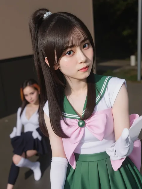 (masterpiece, best quality:1.4), (full body:1.5),in city night, (standing,fighting action posing:1.4), 1girl, solo, Sailor jupiter, (green eyes), ponytail, (tiara:1.2), jewelry, (sailor senshi uniform:1.5),big  breasts, green sailor collar, choker, elbow g...