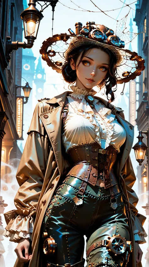 beauty, long coat, ruffle blouse, crop top vest, corset pants , silk hat, steampunk, Street corner where faint fog can set in, Dim streetlights