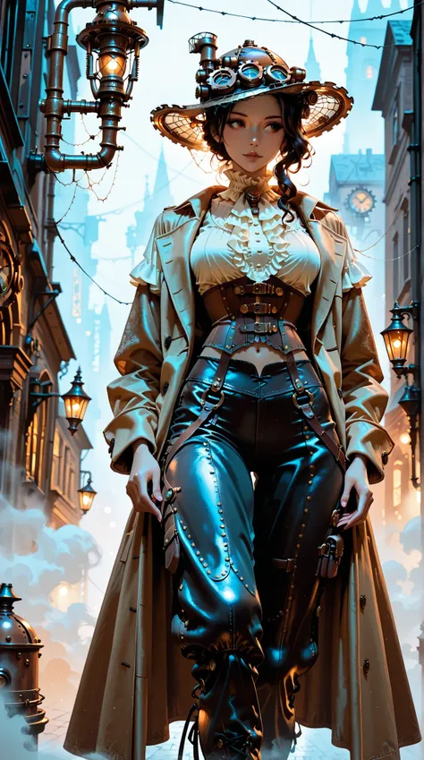 beauty, long coat, ruffle blouse, crop top vest, corset pants , silk hat, steampunk, Street corner where faint fog can set in, Dim streetlights