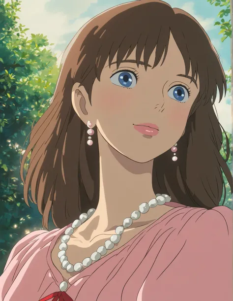 Studio Ghibli, hand-drawn animation style,
masterpiece, high score,
girl, portrait, illustration, brown hair, blue eyes, pink dress, red ribbon, pearl necklace, flower earrings