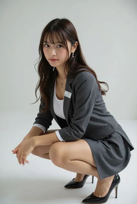 Top Quality, Sleek long black hair , professional office lady with long dark hair, dynamic squat pose, detailed eye and skin texture, studio lighting for women, 30 years old, dark eyes, Elegant, medium chest, plump lips, earrings, necklace for...