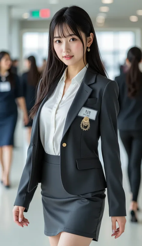 Top Quality, Sleek long black hair     , professional office lady with long dark hair, model walk, detailed eye and skin texture, studio lighting for women, 30 years old,     dark eyes, Elegant, medium breasts,      plump lips, earrings, necklace for 1 per...